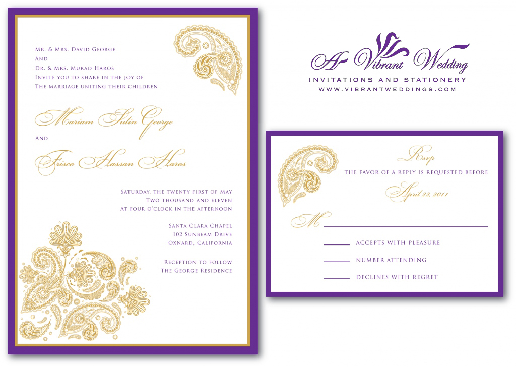 Purple and Gold Wedding Invitation with Paisley Design