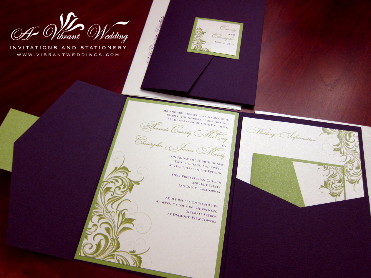 Purple green wedding invitations